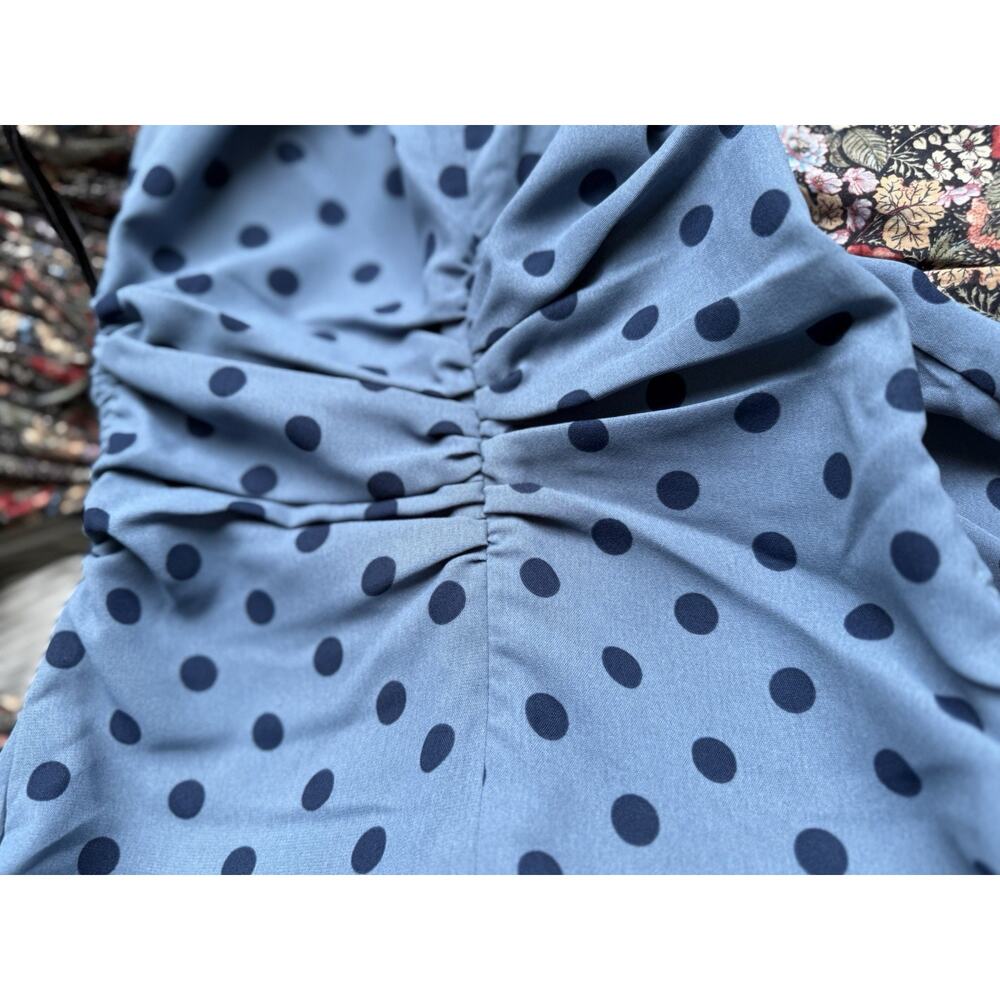 NWT Lisa Says Gah Oxford Dot Ruched Midi Dress Blue Polka Dot XS - Picture 9 of 11
